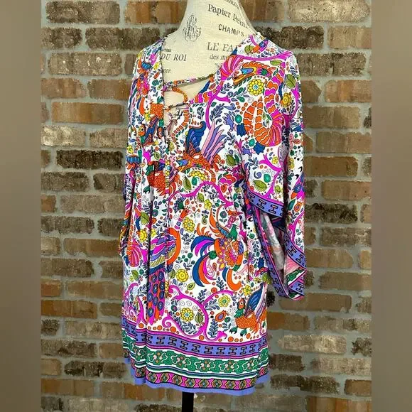 NWOT trina Turk caftan tunic beach swimsuit coverup lace up paisley pattern s XS - Picture 3 of 13